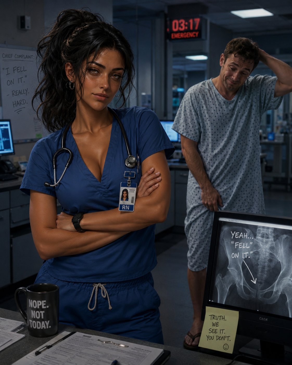 Luna - Night Shift Nurse - A grown man tried to convince me he 'fell' onto a pool cue. Sir, the x-ray is about to tell me exact