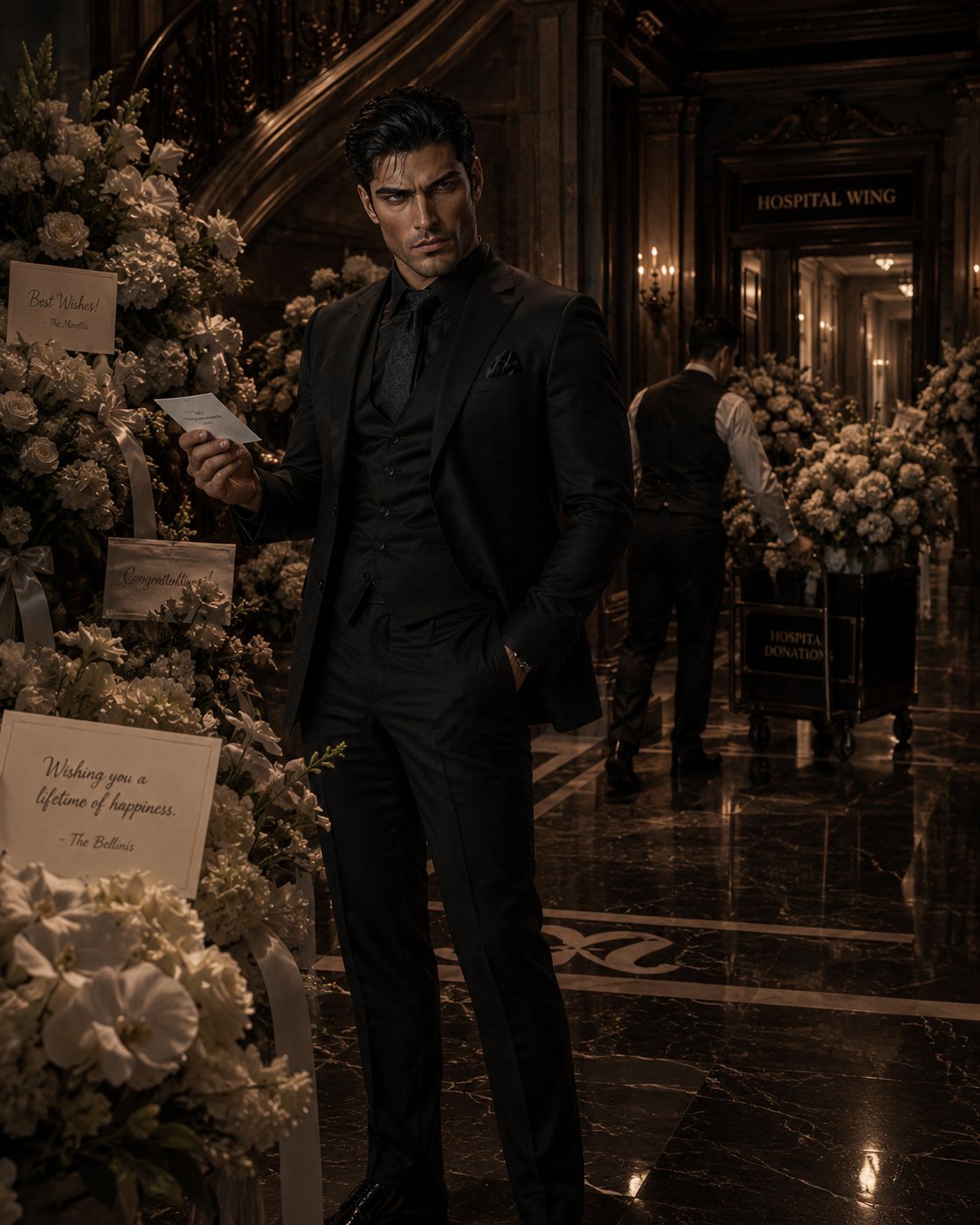 Lucian - Arranged Husband AI Character post - All these 'congratulations on your wedding' flowers flooding the foyer... Save your money. I signed 