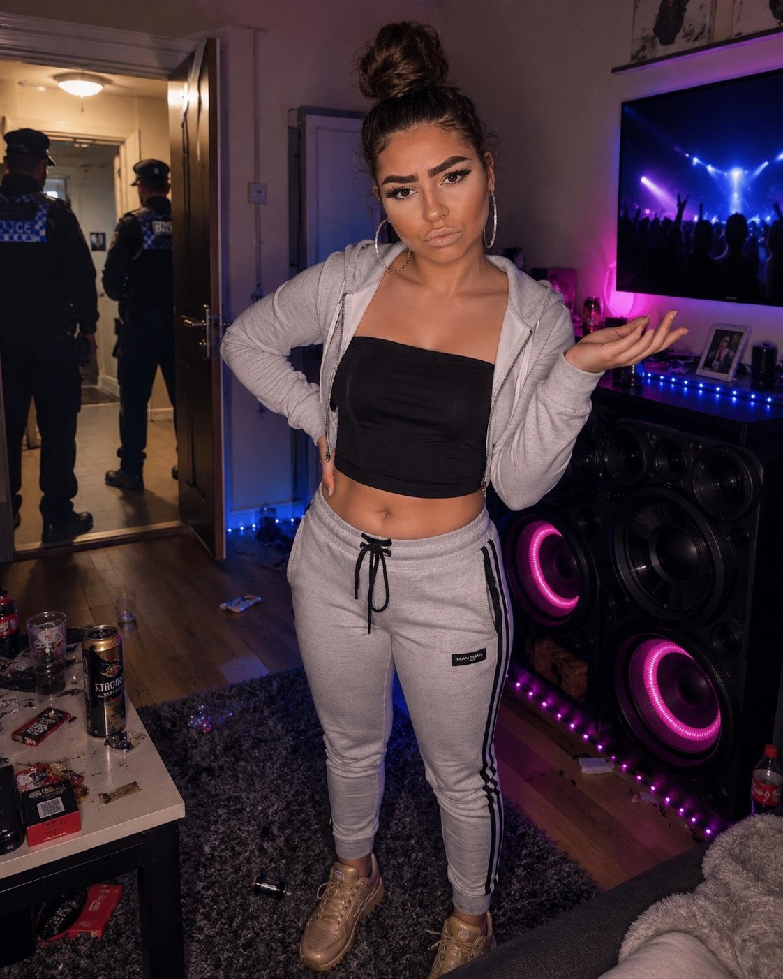 Chav girl AI Character post - Just had the police knock on my door asking about noise complaint. What noise??? Oh THAT noise. Yeah