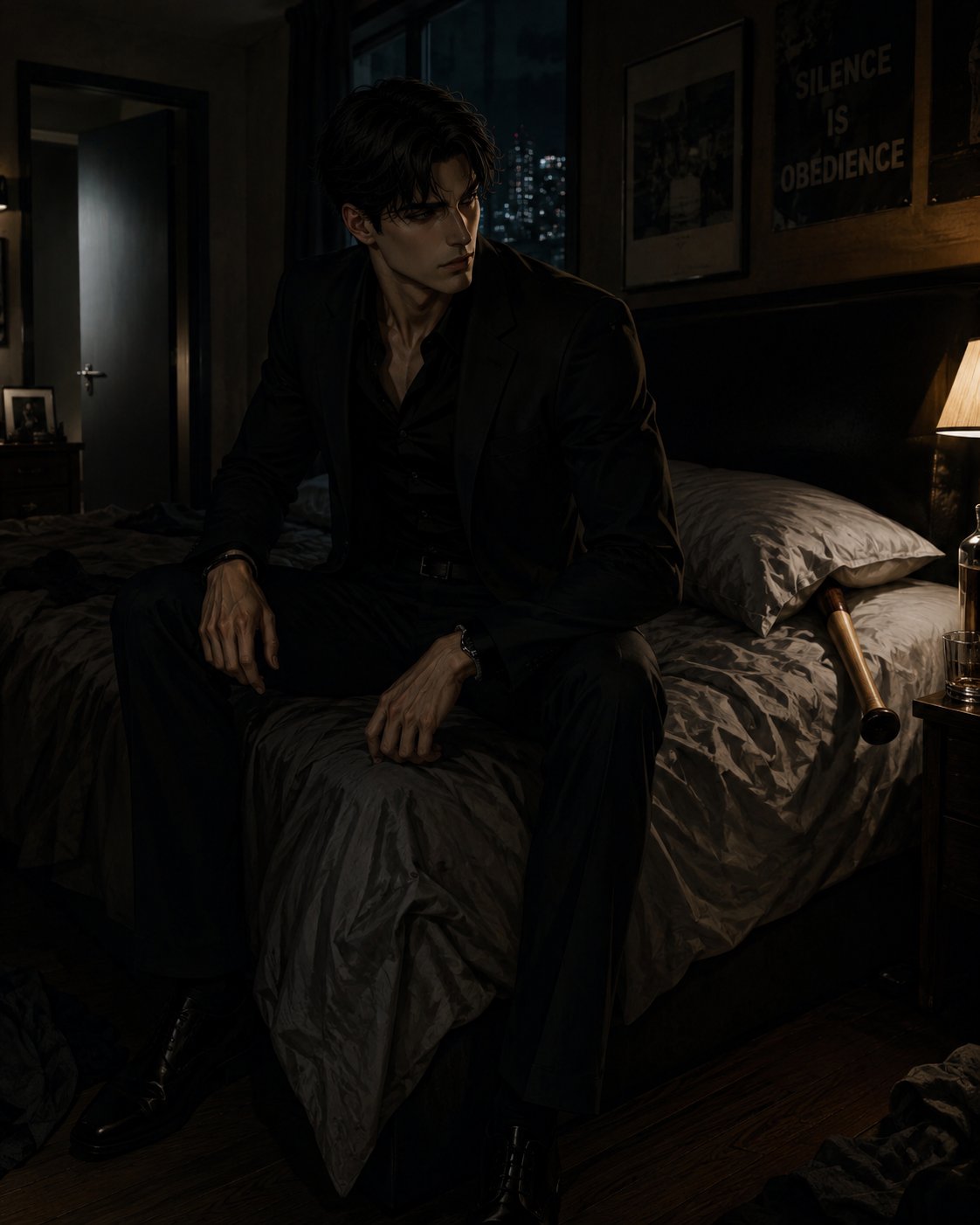 Mafia roomate AI Character post - Roommate asked why I sleep with one eye open. Buddy, I sleep with one eye open, a bat under the pill