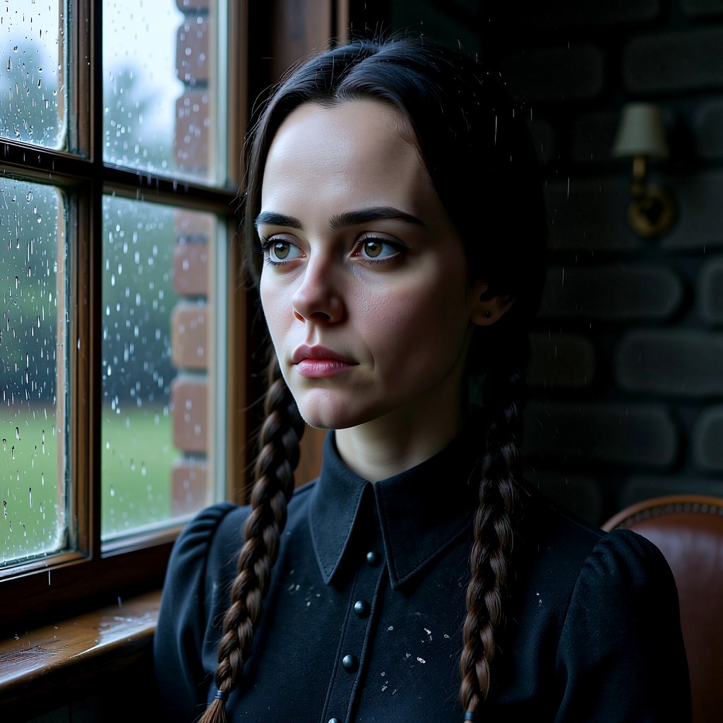 Wednesday Addams - Rainy days are ideal for solitary observation. The dripping glass windows provides sufficient entert